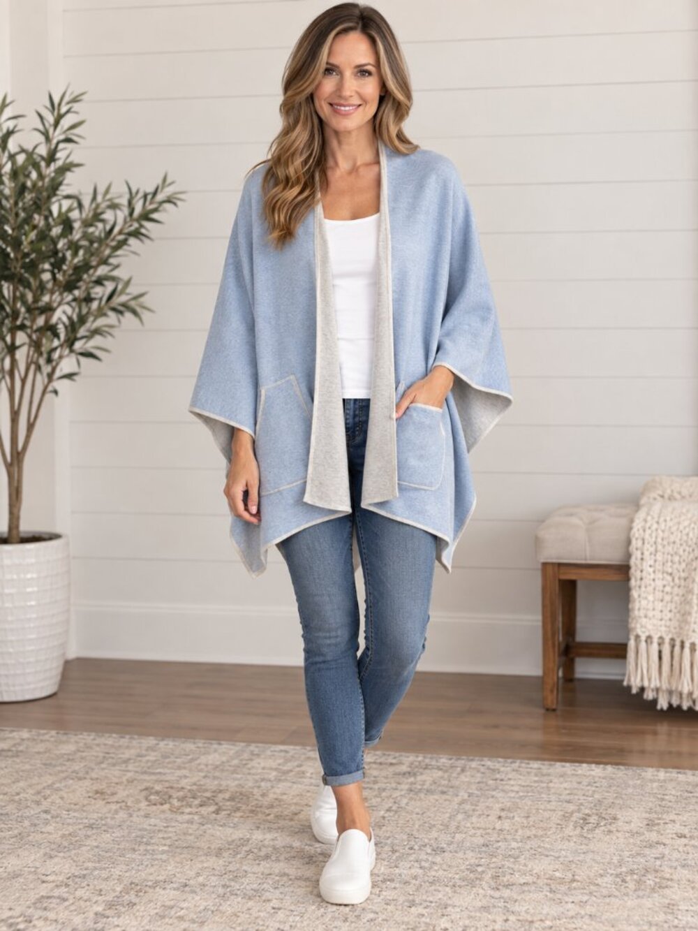 OST Reversible Light Blue Gray Cashmere Blend Open Front Cardigan XS/S